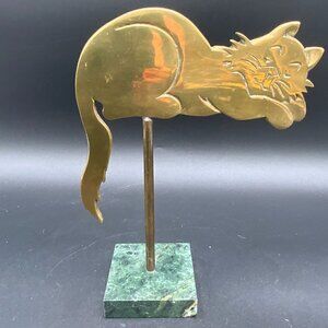Vintage Enesco Brass Sleeping Cat Figurine Mounted on Base